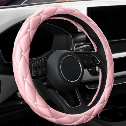 YOGURTCK Diamond Soft Leather Anti-Slip Steering Wheel Cover with Bling Bling Crystal Rhinestones, Universal 15 Inch for Women Girls, Fit Vehicles, Sedans, SUVs, Vans, Trucks - Black