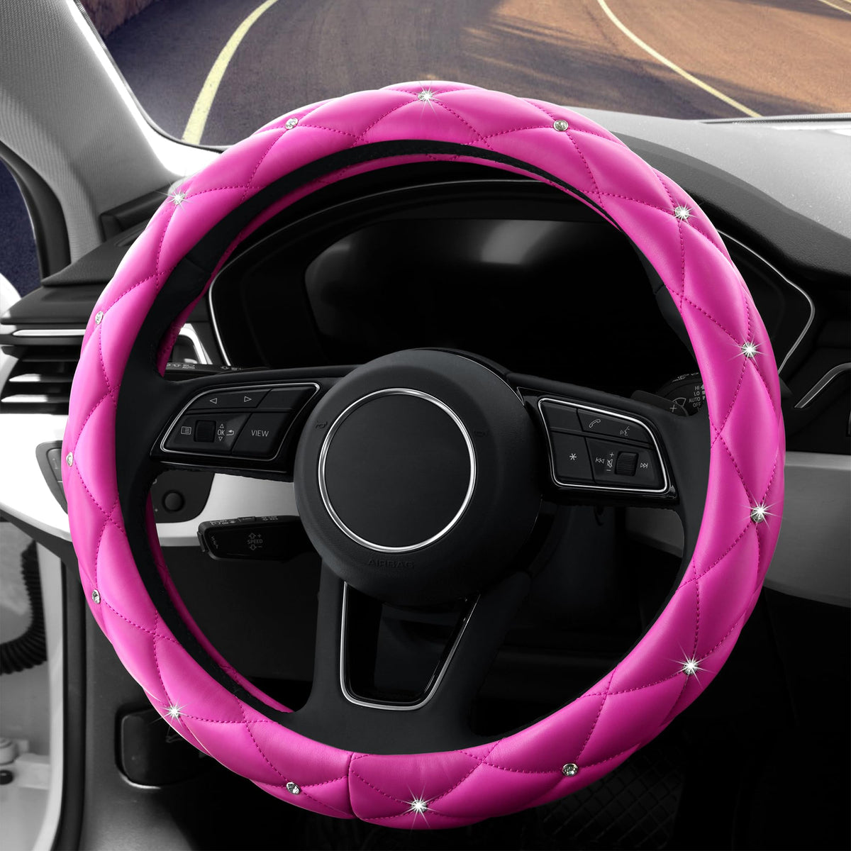 YOGURTCK Diamond Soft Leather Anti-Slip Steering Wheel Cover with Bling Bling Crystal Rhinestones, Universal 15 Inch for Women Girls, Fit Vehicles, Sedans, SUVs, Vans, Trucks - Black