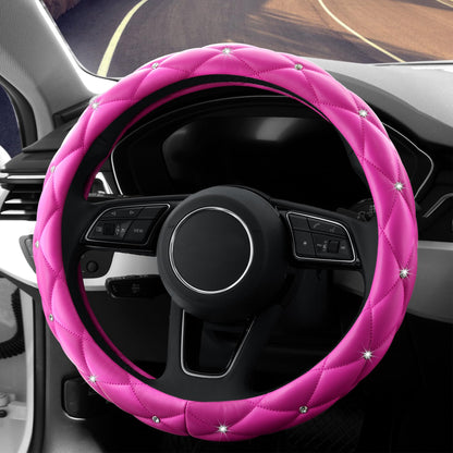YOGURTCK Diamond Soft Leather Anti-Slip Steering Wheel Cover with Bling Bling Crystal Rhinestones, Universal 15 Inch for Women Girls, Fit Vehicles, Sedans, SUVs, Vans, Trucks - Black