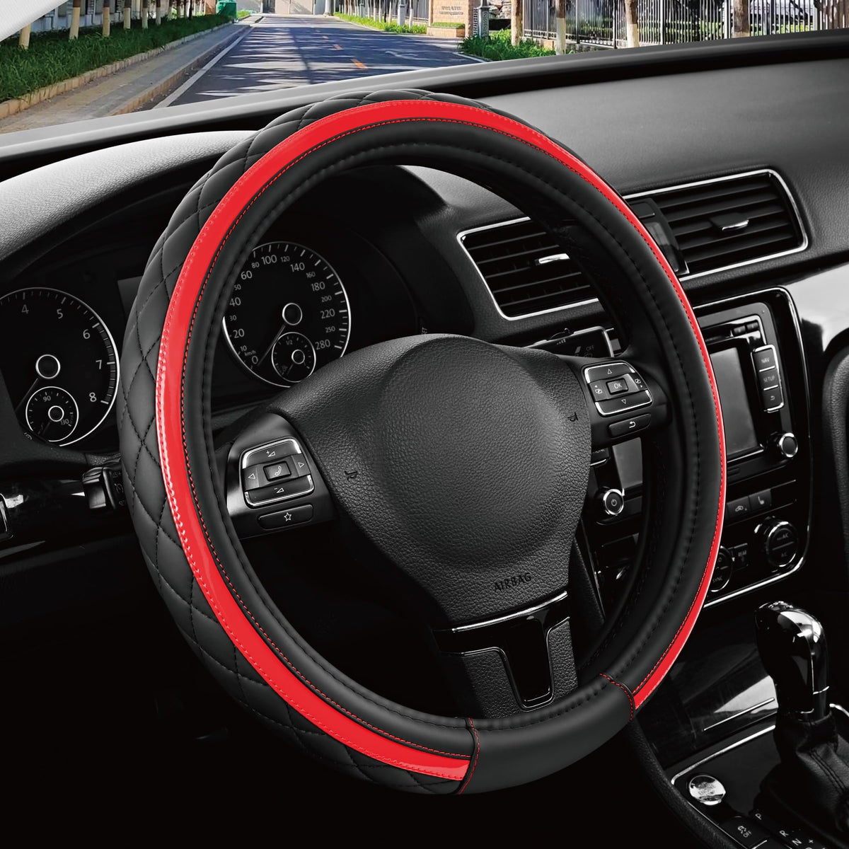 Road Comforts Leather Steering Wheel Cover – Black & Purple, Universal Fit 14.5-15 Inch, Microfiber Leather, Anti-Slip & Breathable Design for Men and Women