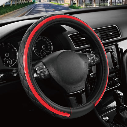 Road Comforts Leather Steering Wheel Cover – Black & Purple, Universal Fit 14.5-15 Inch, Microfiber Leather, Anti-Slip & Breathable Design for Men and Women