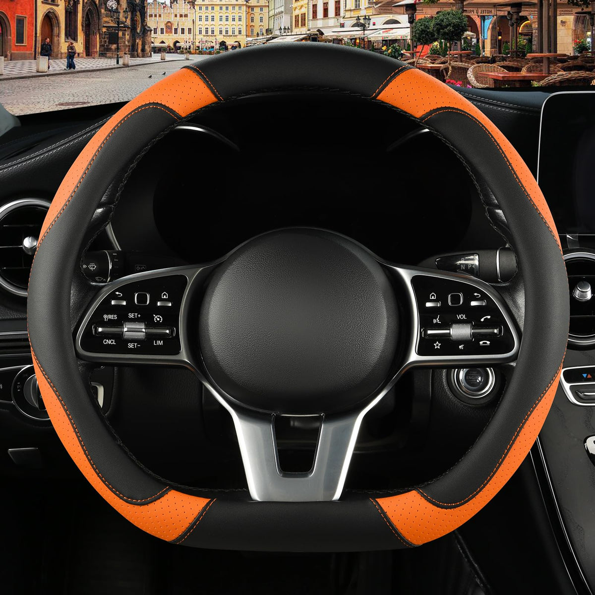 Black Orange Microfiber Leather Steering Wheel Cover 15 inch