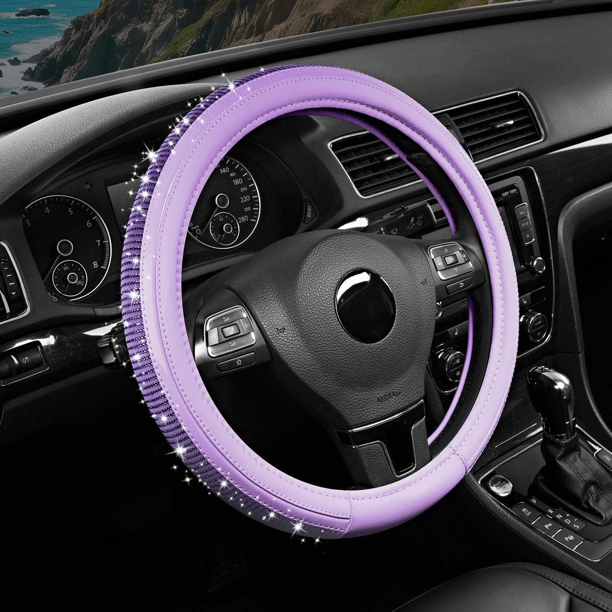 Road Comforts Leather Steering Wheel Cover – Black & Purple, Universal Fit 14.5-15 Inch, Microfiber Leather, Anti-Slip & Breathable Design for Men and Women