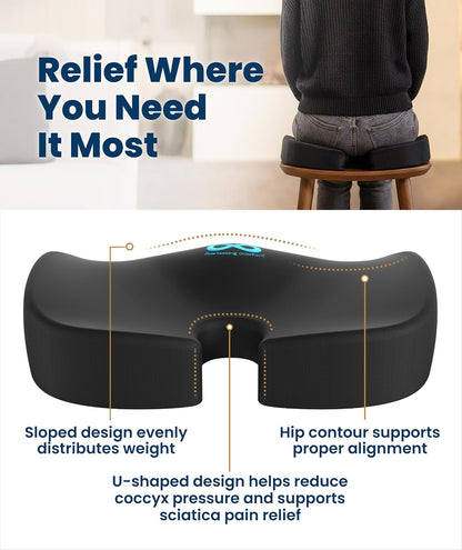 Everlasting Comfort Doctor Recommended Memory Foam Seat Cushion for Office Chairs & Car - Ergonomic Office Desk Accessories - Cushions for Tailbone Pain Relief, Sciatica (Black, Large)