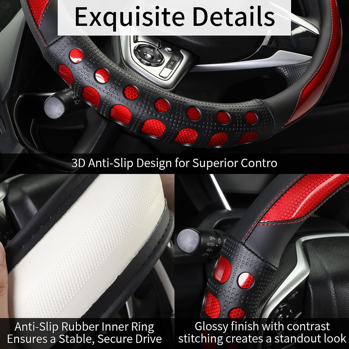 PU Leather Car Steering Wheel Cover with Anti-Slip Grip, for Women and Men, Universal Fit for 14.5-15 Inch Cars, Trucks, SUVs (Red (Round), Medium(Standard) Size[14 1/2''-15''])