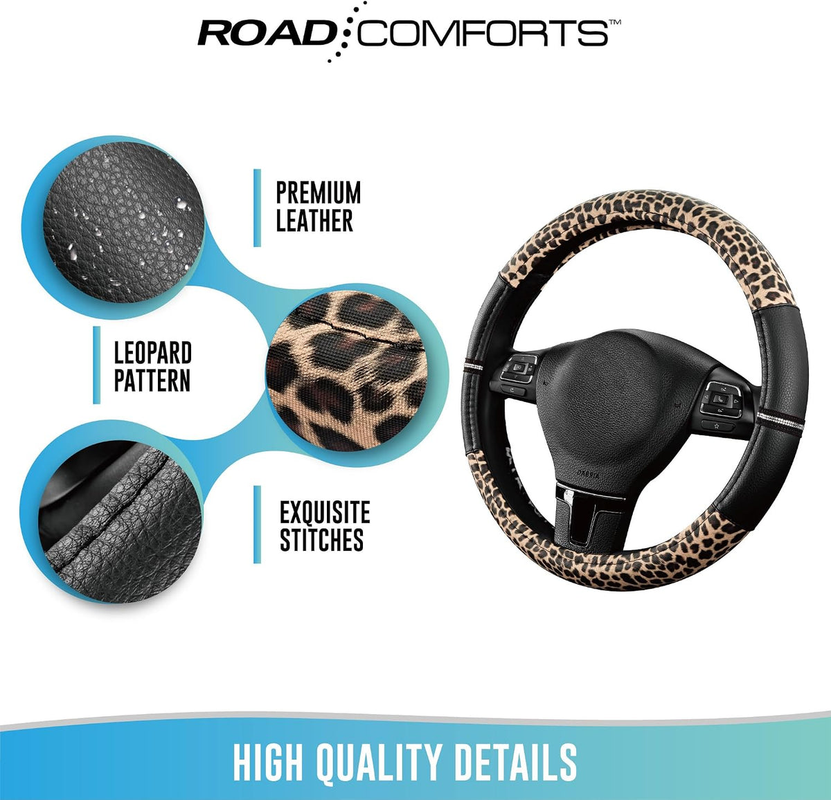 Road Comforts Leopard Steering Wheel Cover for Women, Cute Anti-Slip Premium PVC Leather, Fit 14.5-15 Inches Round Steering Wheel - Black