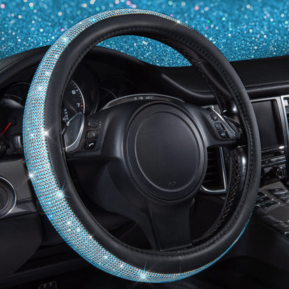 CAR PASS Bling Diamond Steering Wheel Cover Leopard Pattern, Sparkly Crystal Glitter Rhinestones Black Leather Wheel Protect for Women Girl Fit Suvs,Vans,Sedans,Cars,Trucks, 14" 1/2-15" Gold Leopard