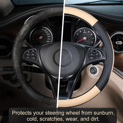 SEG Direct Steering Wheel Cover 14.5-15 inch Heavy-Duty, Black and Beige