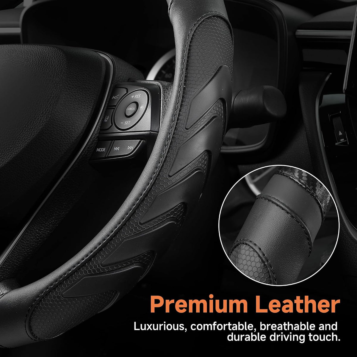 West Llama Carbon Fiber Leather Steering Wheel Cover with Anti-Slip Grip, 3D Textured Design, 14.5-15 Inch Car Steering Wheel Cover, Durable Interior Accessory（Standard Size-Black