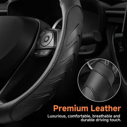 West Llama Carbon Fiber Leather Steering Wheel Cover with Anti-Slip Grip, 3D Textured Design, 14.5-15 Inch Car Steering Wheel Cover, Durable Interior Accessory（Standard Size-Black