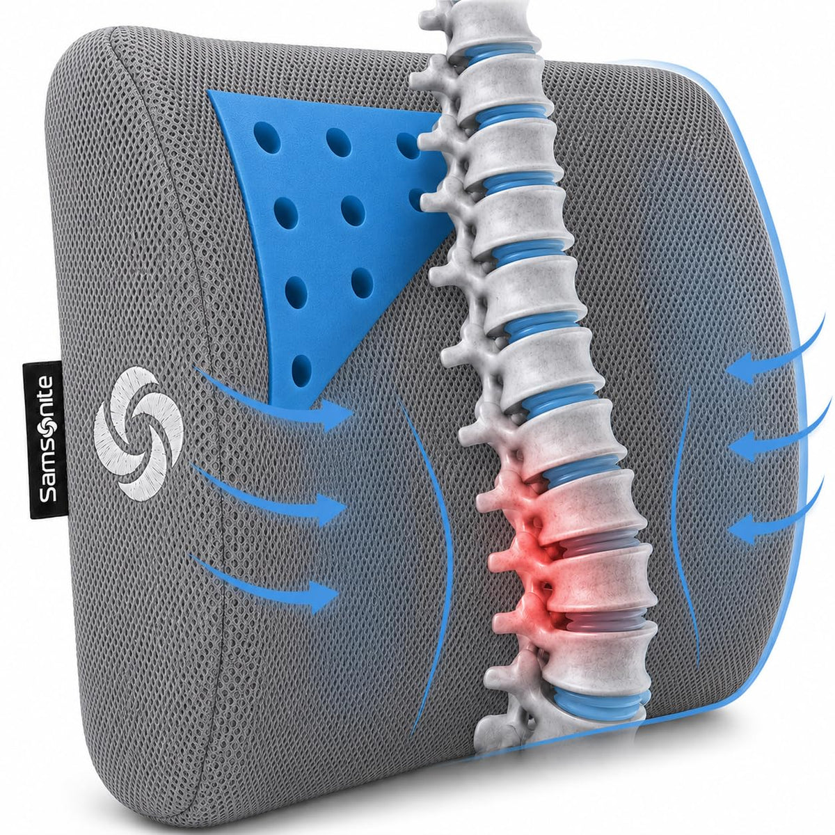 Samsonite Lumbar Support Pillow for Office Chair, Lower Back Support for Car, Back Pillow Desk Chair Cushion with Memory Foam, Improved Posture Backrest