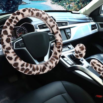 Accmor Fuzzy Car Steering Wheel Cover, Universal Fit Fur Auto Wheel Cover & Handbrake Cover & Gear Shift Cover Set, Leopard Warm Fluffy Vehicle Wheel Protector Car Accessories for Men Women (Brown)
