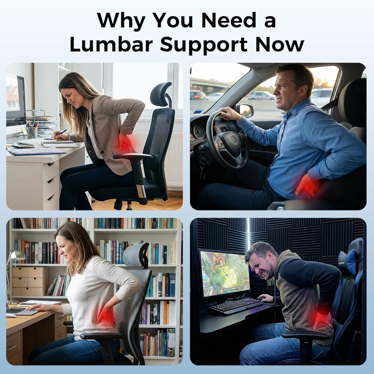 Lumbar Support Pillow for Car & Office Chair - High-Density Memory Foam Back Cushion for Sciatica & Lower Back Pain Relief - Non-Slip Support for Driving & Desk Workers