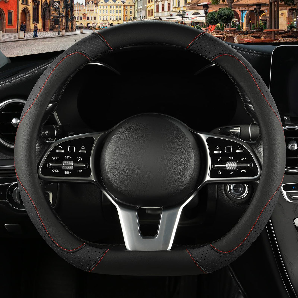 Black Orange Microfiber Leather Steering Wheel Cover 15 inch