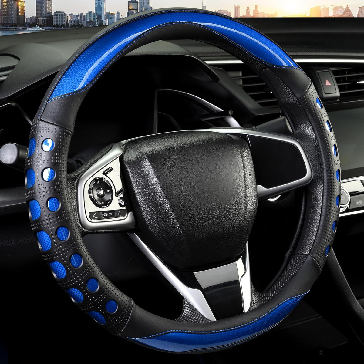 PU Leather Car Steering Wheel Cover with Anti-Slip Grip, for Women and Men, Universal Fit for 14.5-15 Inch Cars, Trucks, SUVs (Red (Round), Medium(Standard) Size[14 1/2''-15''])