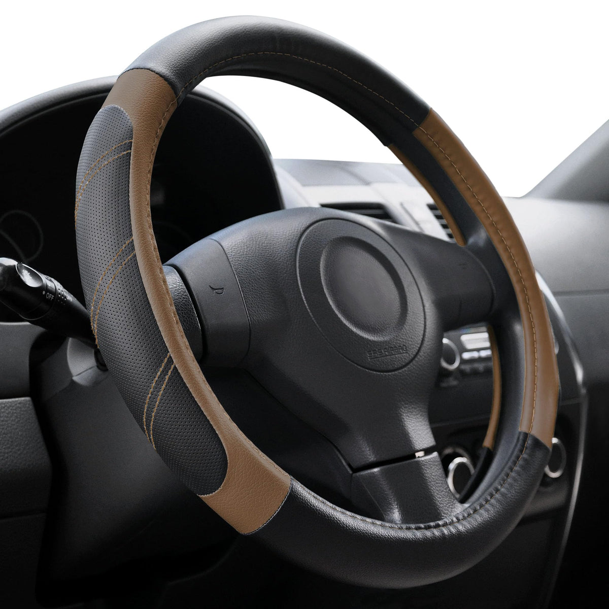 Elantrip Sport Leather Steering Wheel Cover 14 1/2 inch to 15 inch Universal, Padded Soft Grip Breathable for Car Truck SUV Jeep, Anti Slip Odorless Black and Beige