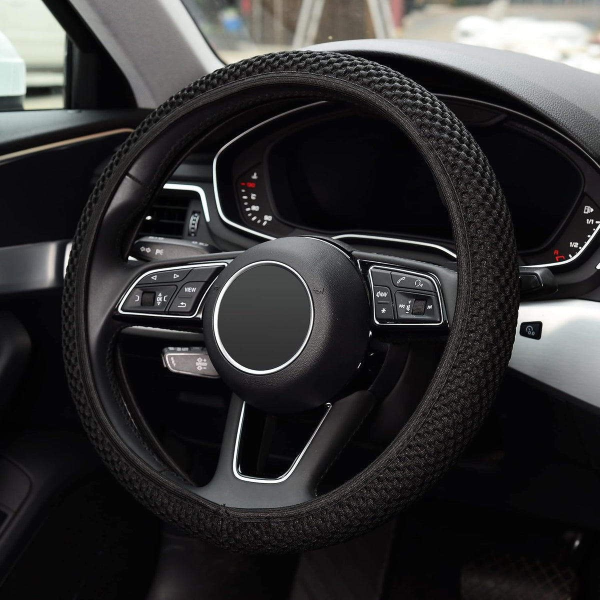 KAFEEK Elastic Stretch Steering Wheel Cover, Universal 15 Inch, Black