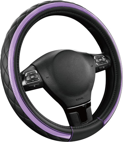 Road Comforts Leather Steering Wheel Cover – Black & Purple, Universal Fit 14.5-15 Inch, Microfiber Leather, Anti-Slip & Breathable Design for Men and Women