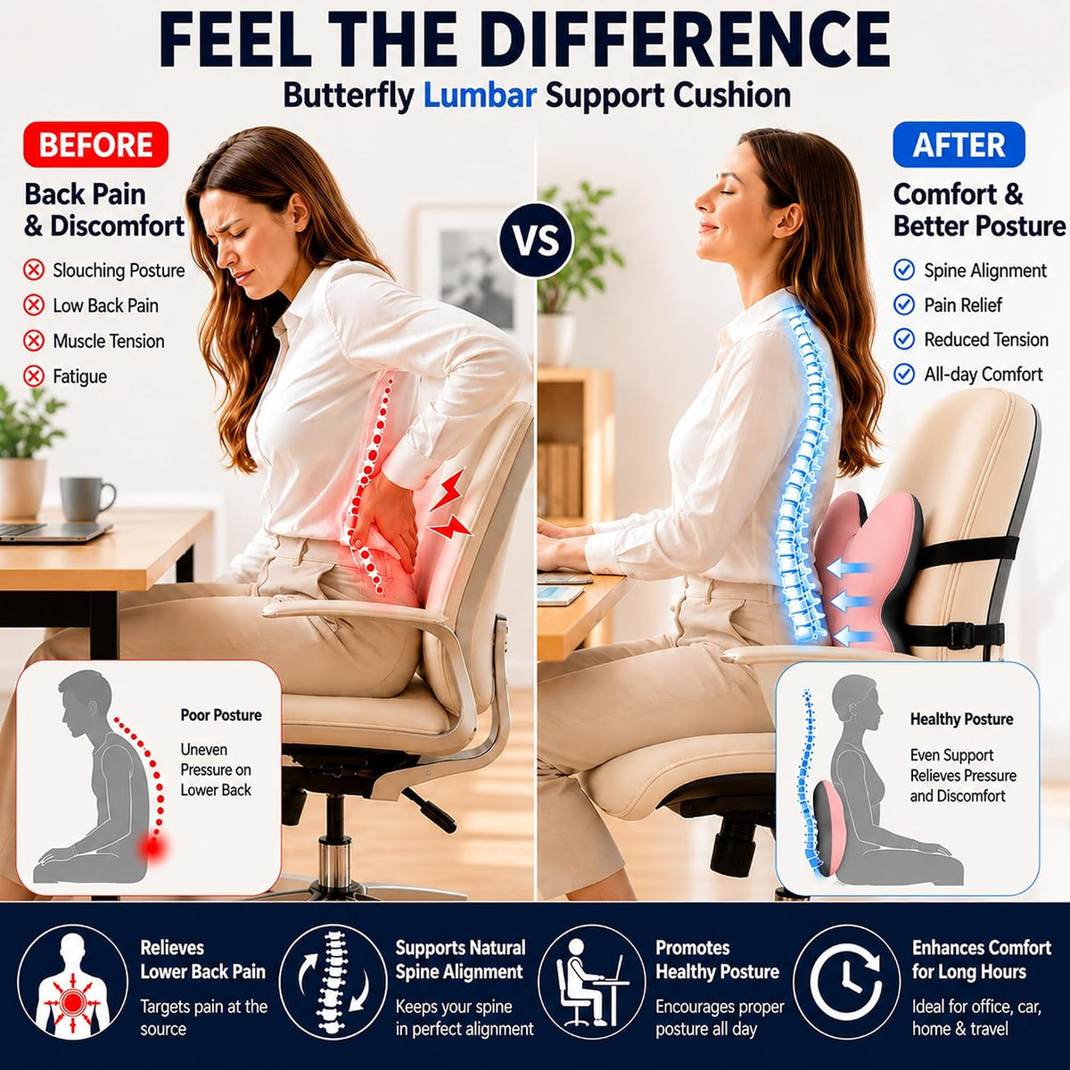 Memory Foam Lumbar Support Pillow,Back Support for Office Chair,Back Pillow for Chair,Ergonomic Lower Back Cushion for Desk Chair,Computer Chair,Gaming Chair and Car Seat,Washable Cover(Pink)
