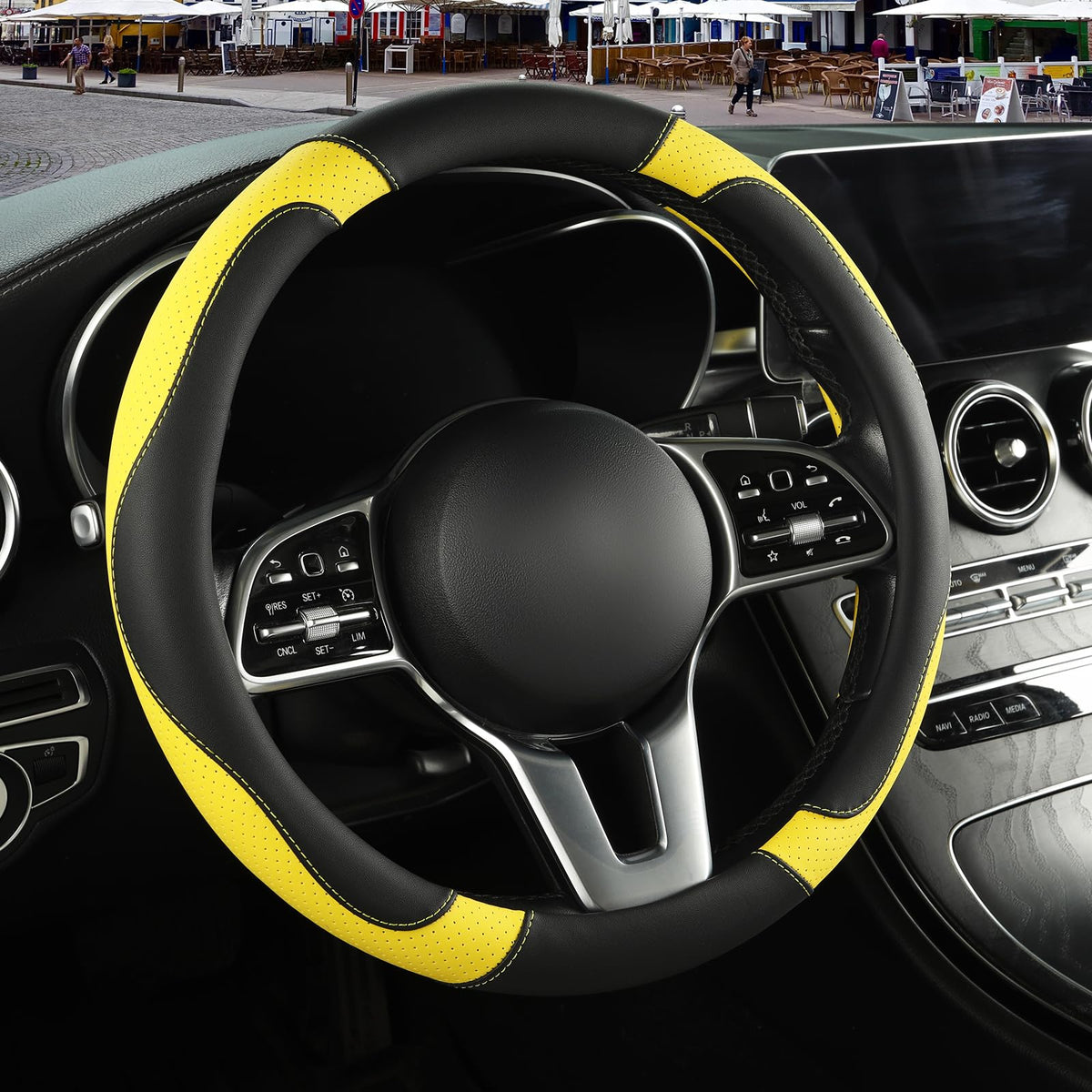 Black Orange Microfiber Leather Steering Wheel Cover 15 inch