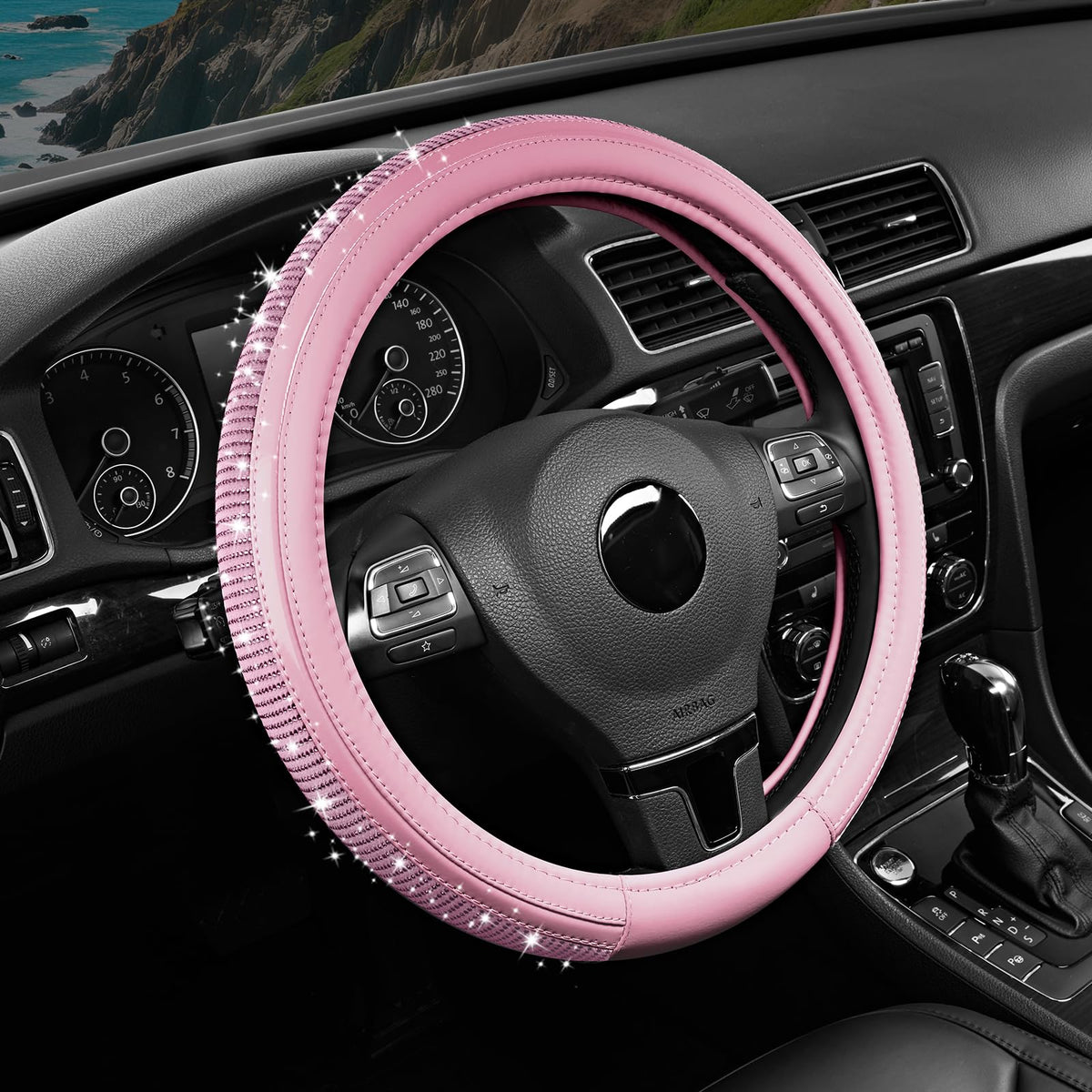 Road Comforts Leather Steering Wheel Cover – Black & Purple, Universal Fit 14.5-15 Inch, Microfiber Leather, Anti-Slip & Breathable Design for Men and Women