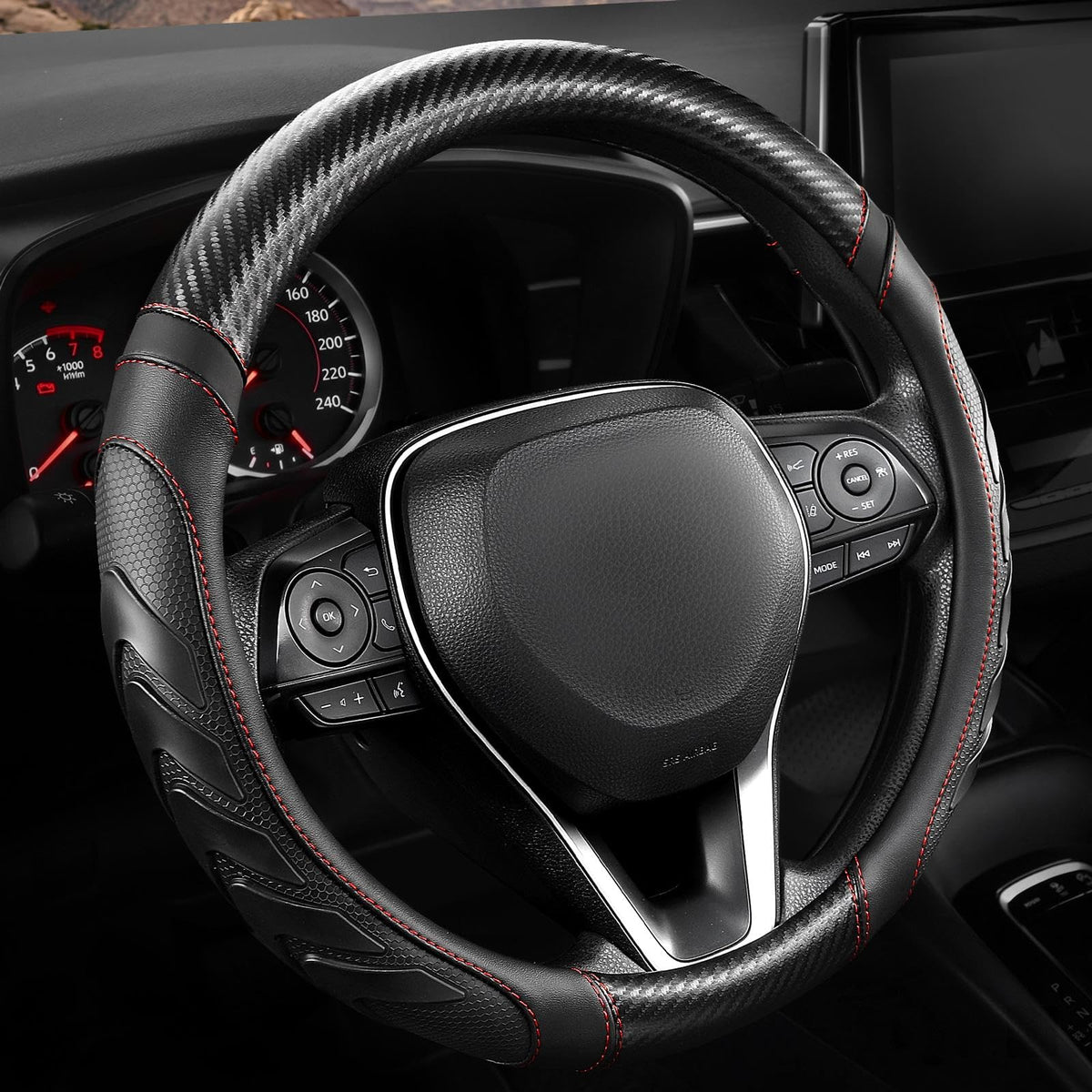 West Llama Carbon Fiber Leather Steering Wheel Cover with Anti-Slip Grip, 3D Textured Design, 14.5-15 Inch Car Steering Wheel Cover, Durable Interior Accessory（Standard Size-Black