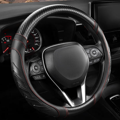 West Llama Carbon Fiber Leather Steering Wheel Cover with Anti-Slip Grip, 3D Textured Design, 14.5-15 Inch Car Steering Wheel Cover, Durable Interior Accessory（Standard Size-Black