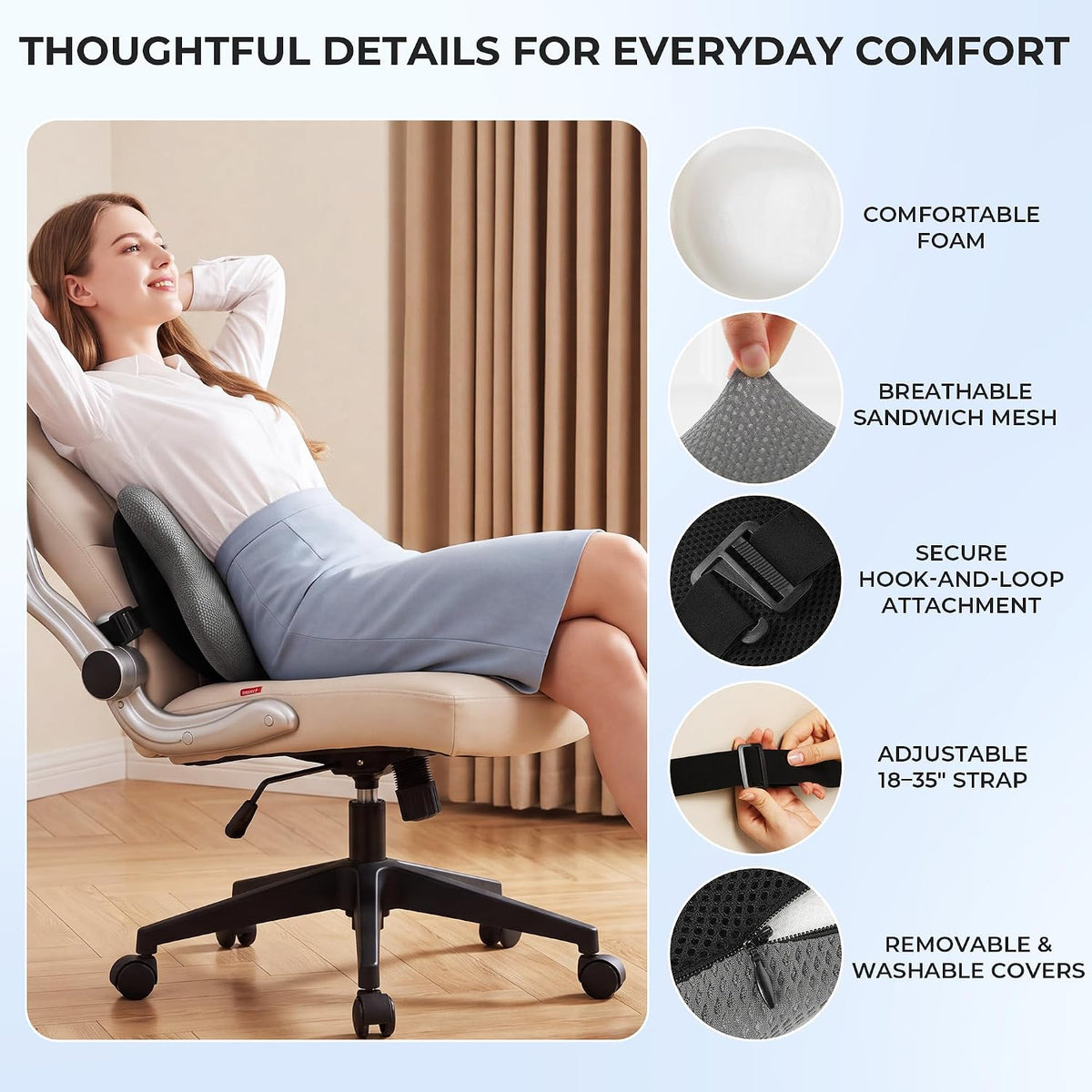 BALAPET Lumbar Support Pillow, Adjustable Ergonomic Dual-Pad Back Cushion