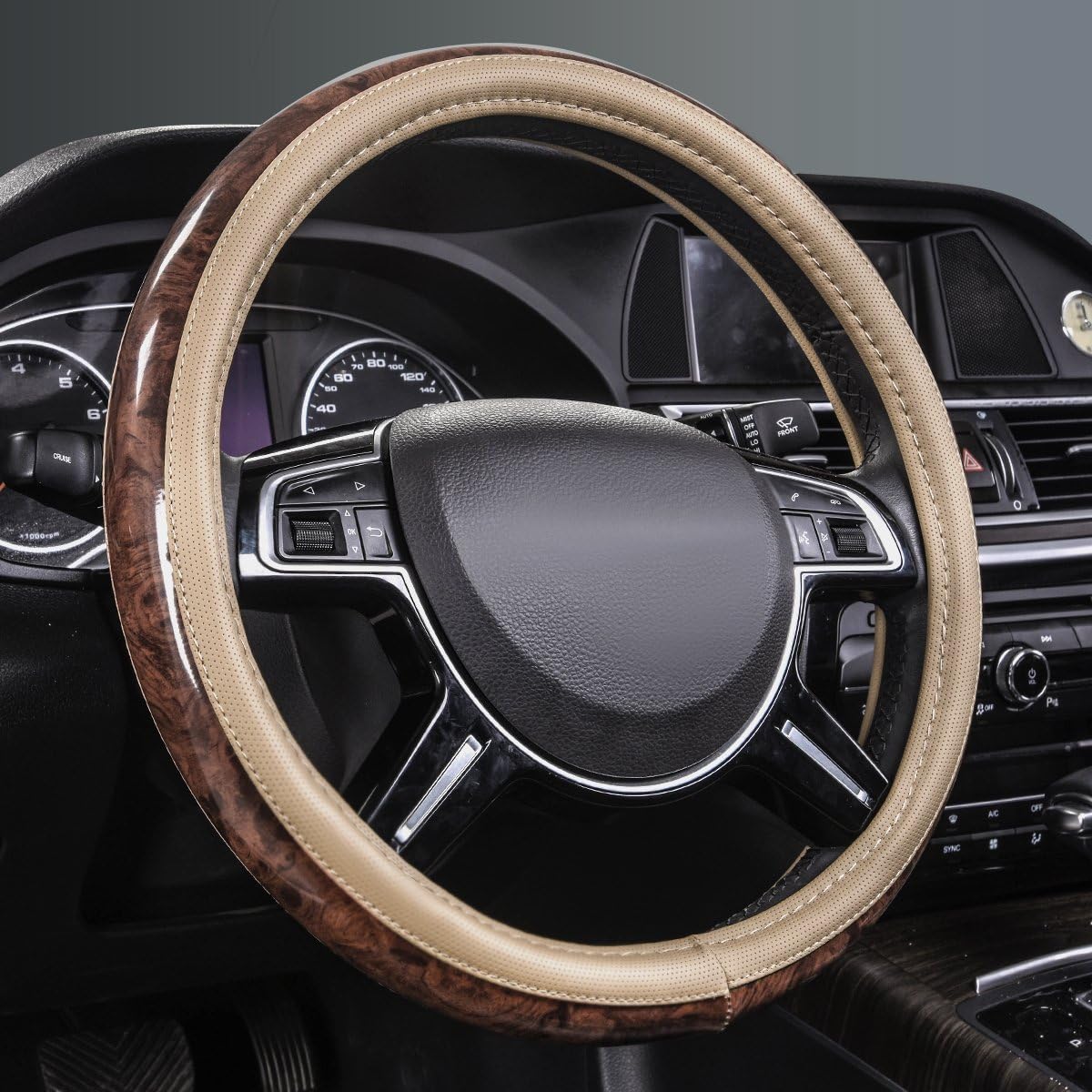 CAR PASS Wood Grain 14.5-15 inch Microfiber Leather Steering Wheel Cover, Anti-Slip Veins Design Steering Wheel Universal Fit for Most Cars, Sedans, SUV， Beige