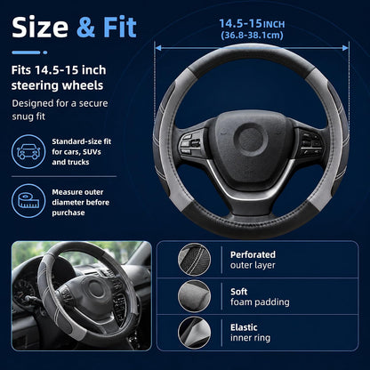Elantrip Steering Wheel Cover for 14.5" to 15" Wheels, Soft Padded Grip with Anti-Slip Inner Lining, Breathable Comfort for Daily Driving, Easy Stretch Fit for Cars, SUVs and Trucks, Black/Gray