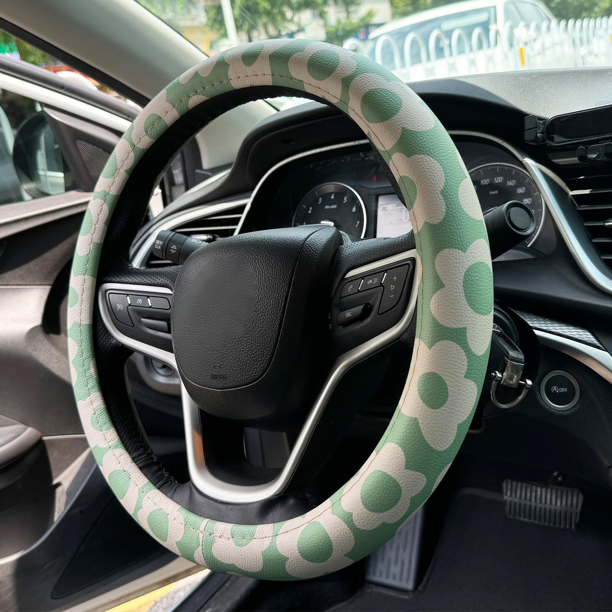 Vintage Groovy Flowers Car Leather Steering Wheel Cover - 15-inch Universal Microfiber- Soft & Breathable & Silicone Anti Slip Auto Steering Wheel Wrap for Women (Black)