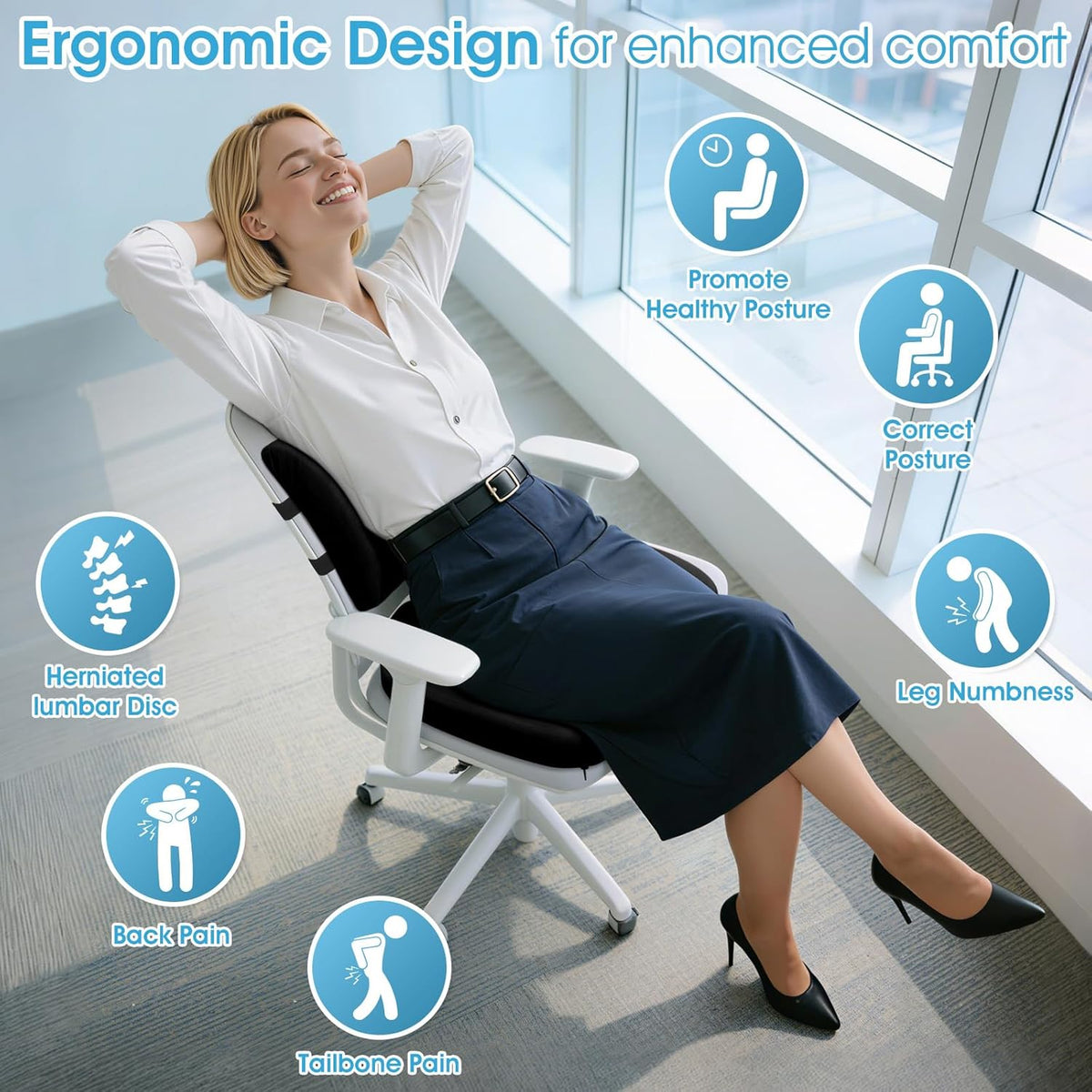 CushZone Seat Cushion and Lumbar Support Pillow for Office Chair, Black