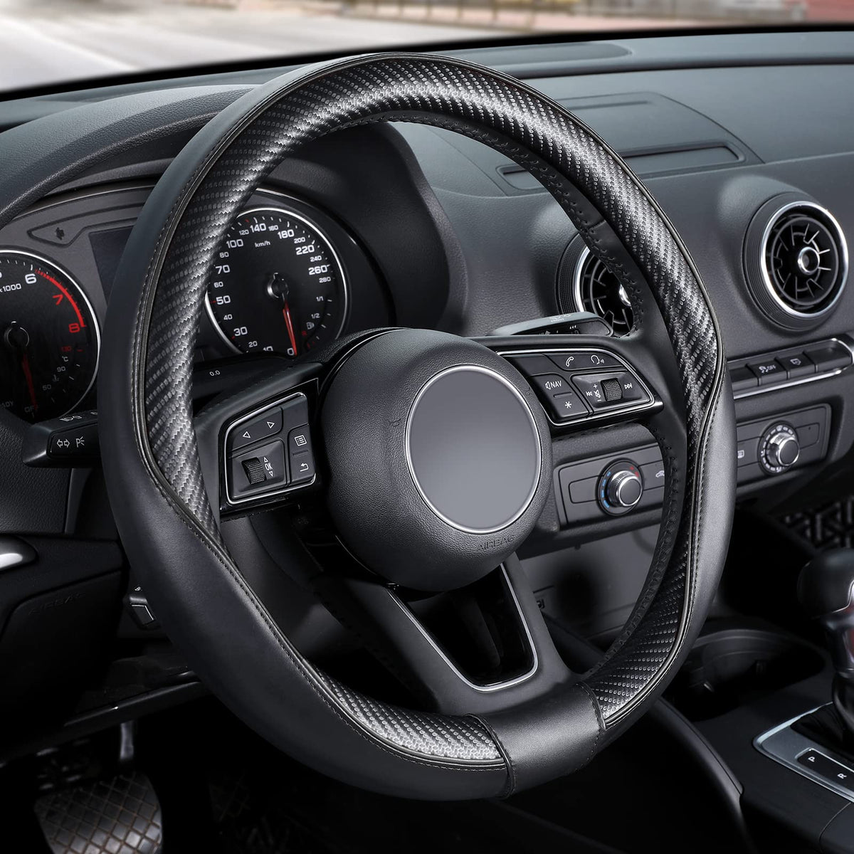 SEG Direct Steering Wheel Cover 14.5"-15" Heavy-Duty, Black Carbon Fiber