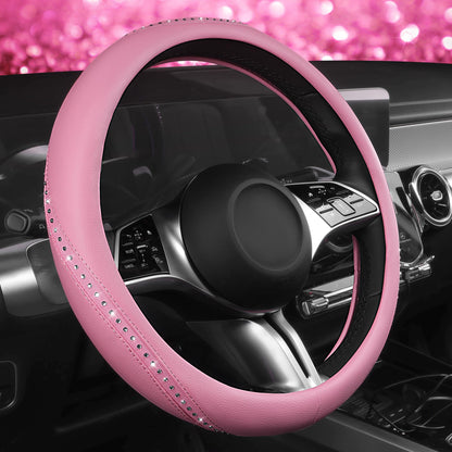 CAR PASS Bling Diamond Black Leather Steering Wheel Cover, Studded Crystal Rhinestones Universal Fit 14" 1/2-15" Glitter for Women Sparkle Girl Fit Suvs,Vans,Sedans,Car,Trucks, Silver Diamond