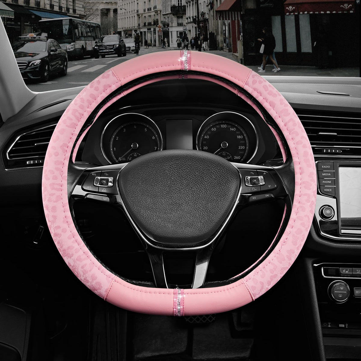 Road Comforts Leopard Steering Wheel Cover for Women, Cute Anti-Slip Premium PVC Leather, Fit 14.5-15 Inches Round Steering Wheel - Black
