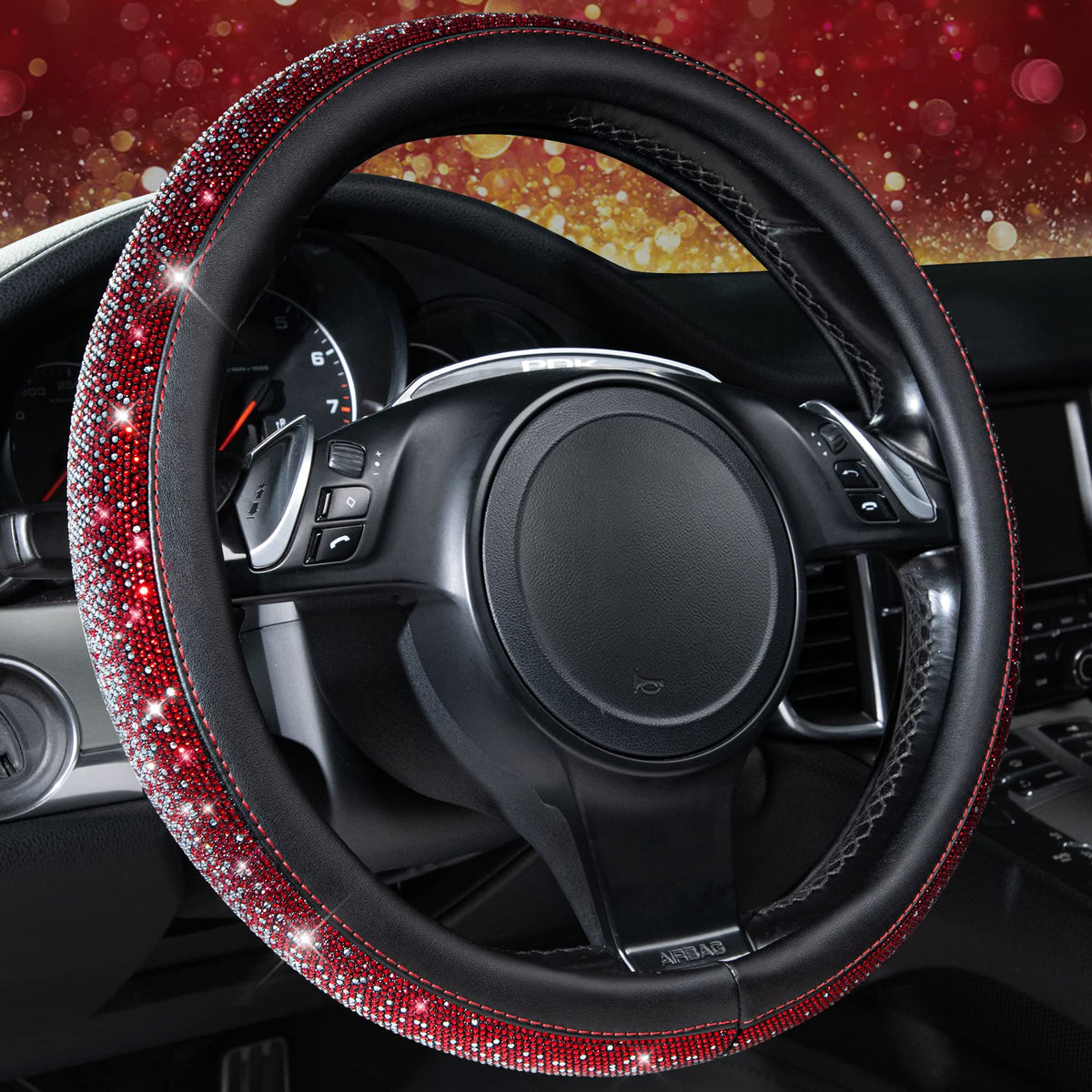 CAR PASS Bling Diamond Steering Wheel Cover Leopard Pattern, Sparkly Crystal Glitter Rhinestones Black Leather Wheel Protect for Women Girl Fit Suvs,Vans,Sedans,Cars,Trucks, 14" 1/2-15" Gold Leopard