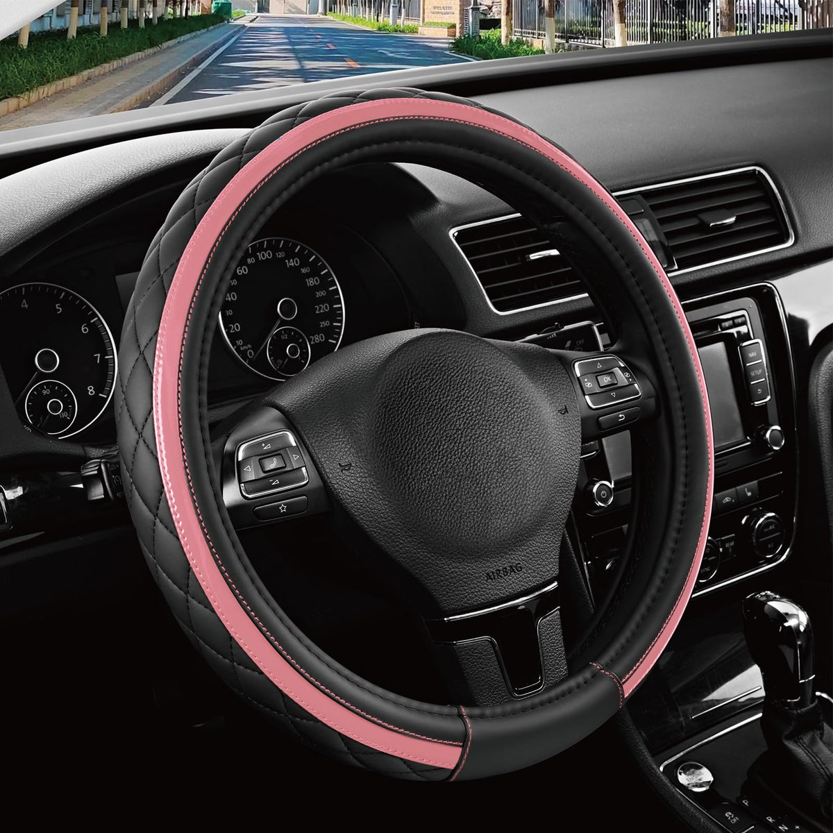 Road Comforts Leather Steering Wheel Cover – Black & Purple, Universal Fit 14.5-15 Inch, Microfiber Leather, Anti-Slip & Breathable Design for Men and Women