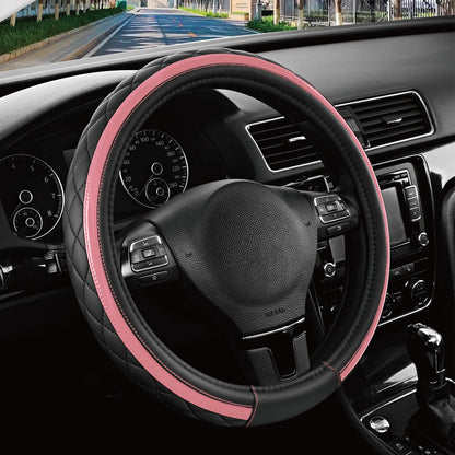 Road Comforts Leather Steering Wheel Cover – Black & Purple, Universal Fit 14.5-15 Inch, Microfiber Leather, Anti-Slip & Breathable Design for Men and Women