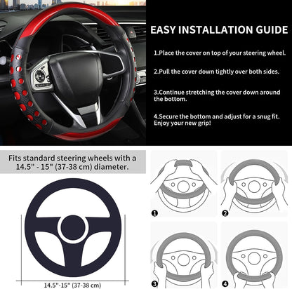 PU Leather Car Steering Wheel Cover with Anti-Slip Grip, for Women and Men, Universal Fit for 14.5-15 Inch Cars, Trucks, SUVs (Red (Round), Medium(Standard) Size[14 1/2''-15''])