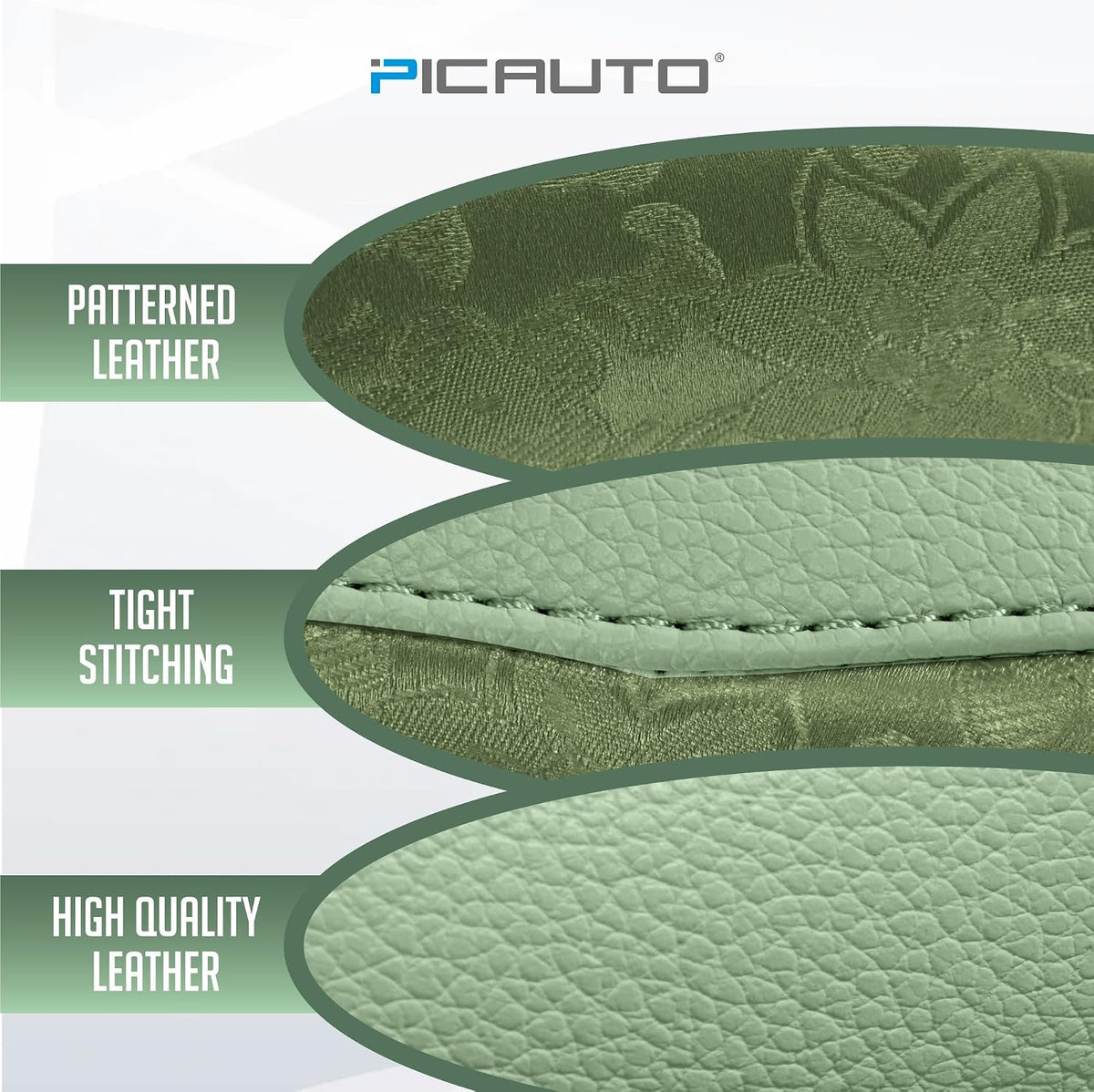 PIC AUTO Steering Wheel Cover, Green Patterned Leather Patchwork Design, Universal Fit 14.5"–15.5", Anti-Slip, Odor-Free, Soft PU Grain Leather, Durable Grip Car Accessory for Girls & Women