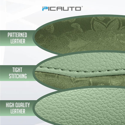 PIC AUTO Steering Wheel Cover, Green Patterned Leather Patchwork Design, Universal Fit 14.5"–15.5", Anti-Slip, Odor-Free, Soft PU Grain Leather, Durable Grip Car Accessory for Girls & Women