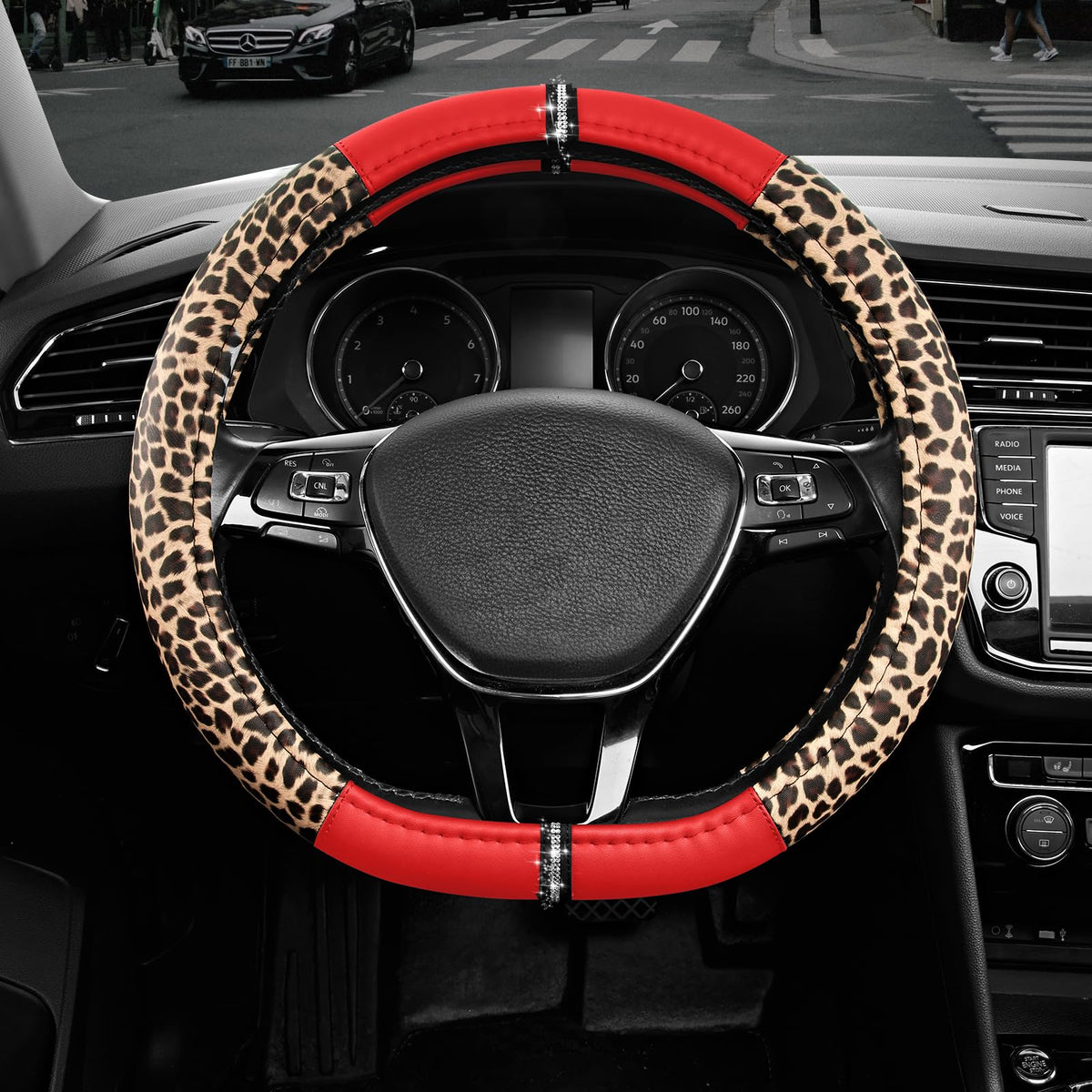 Road Comforts Leopard Steering Wheel Cover for Women, Cute Anti-Slip Premium PVC Leather, Fit 14.5-15 Inches Round Steering Wheel - Black