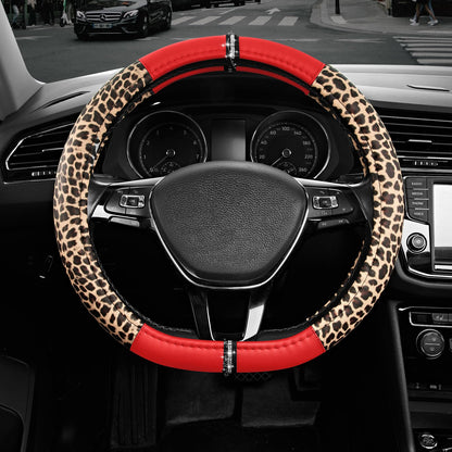 Road Comforts Leopard Steering Wheel Cover for Women, Cute Anti-Slip Premium PVC Leather, Fit 14.5-15 Inches Round Steering Wheel - Black