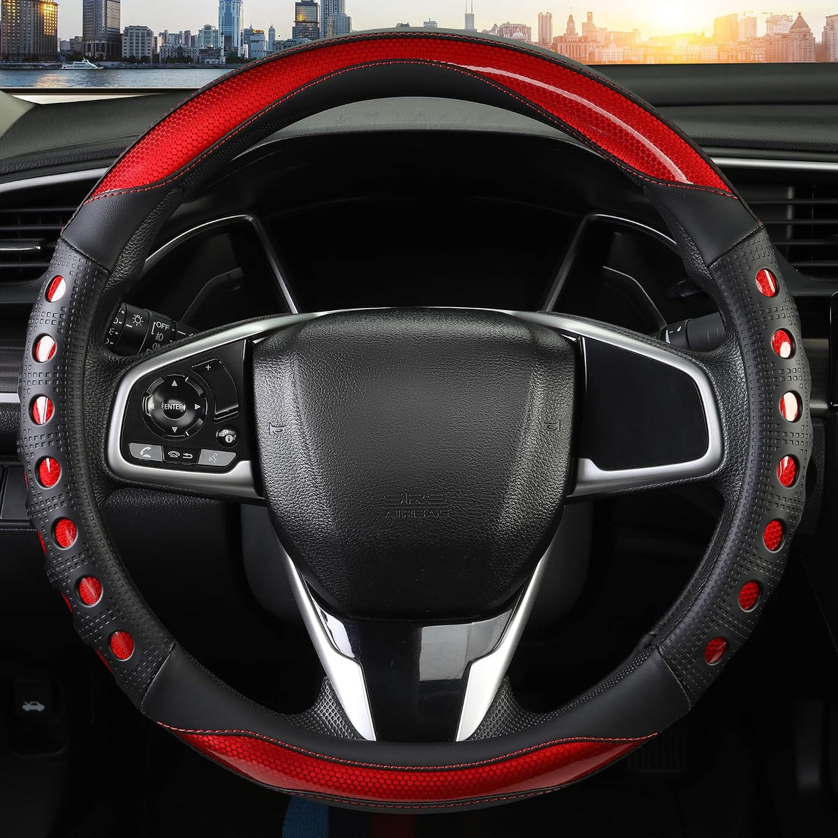 PU Leather Car Steering Wheel Cover with Anti-Slip Grip, for Women and Men, Universal Fit for 14.5-15 Inch Cars, Trucks, SUVs (Red (Round), Medium(Standard) Size[14 1/2''-15''])