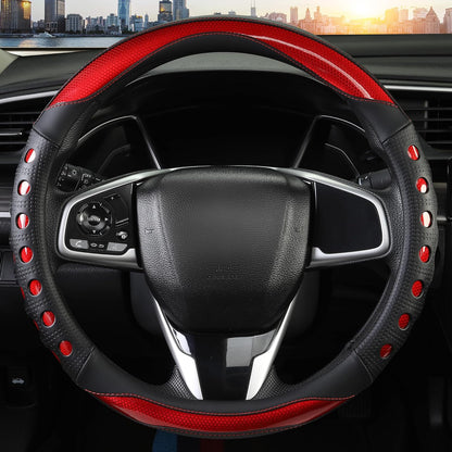 PU Leather Car Steering Wheel Cover with Anti-Slip Grip, for Women and Men, Universal Fit for 14.5-15 Inch Cars, Trucks, SUVs (Red (Round), Medium(Standard) Size[14 1/2''-15''])