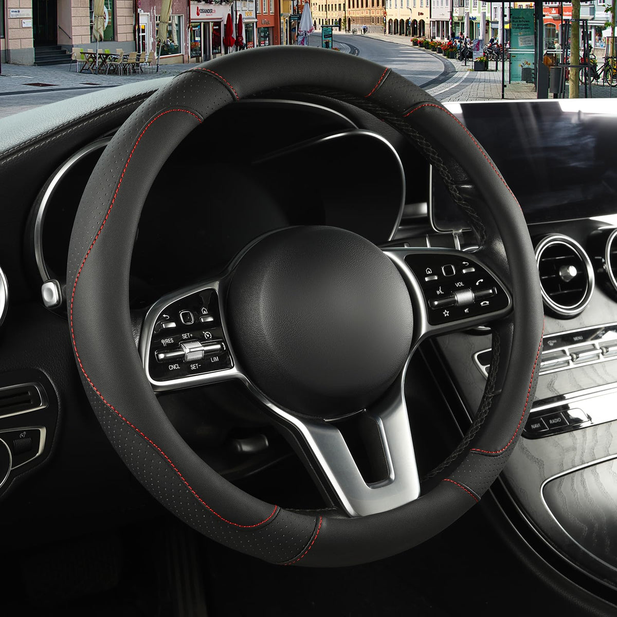 Black Orange Microfiber Leather Steering Wheel Cover 15 inch
