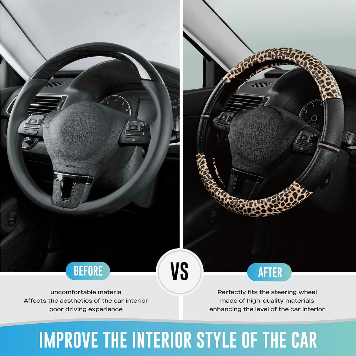 Road Comforts Leopard Steering Wheel Cover for Women, Cute Anti-Slip Premium PVC Leather, Fit 14.5-15 Inches Round Steering Wheel - Black