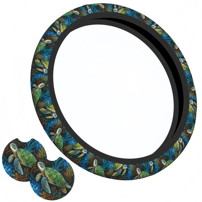 Checkered Black Brown Steering Wheel Cover 15 Inch Car + 2 pc Car Coasters