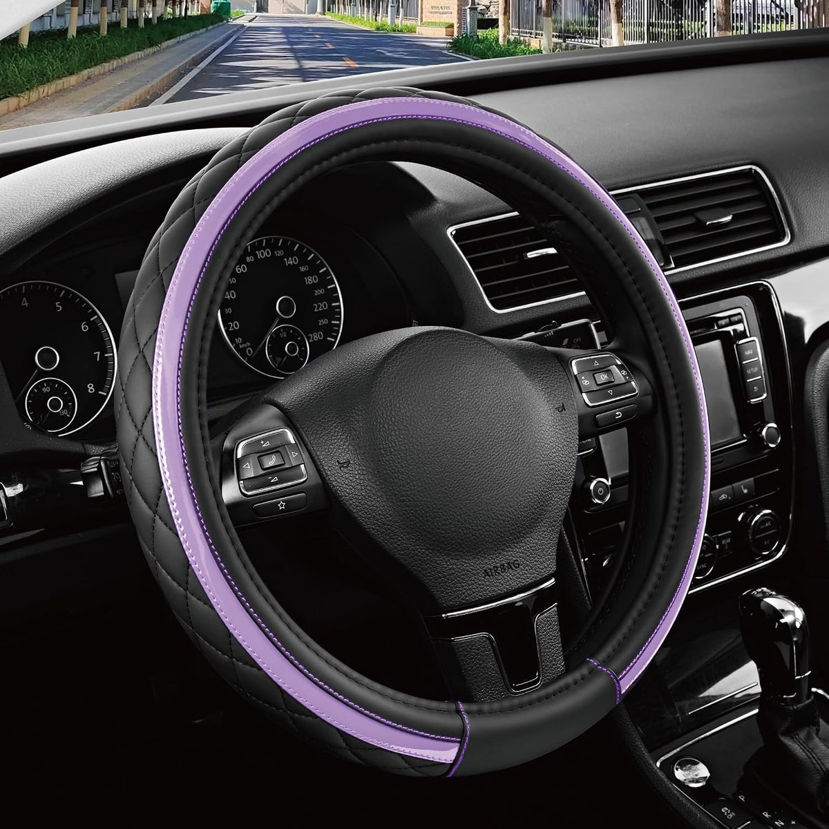 Road Comforts Leather Steering Wheel Cover – Black & Purple, Universal Fit 14.5-15 Inch, Microfiber Leather, Anti-Slip & Breathable Design for Men and Women