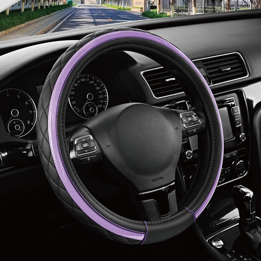 Road Comforts Leather Steering Wheel Cover – Black & Purple, Universal Fit 14.5-15 Inch, Microfiber Leather, Anti-Slip & Breathable Design for Men and Women